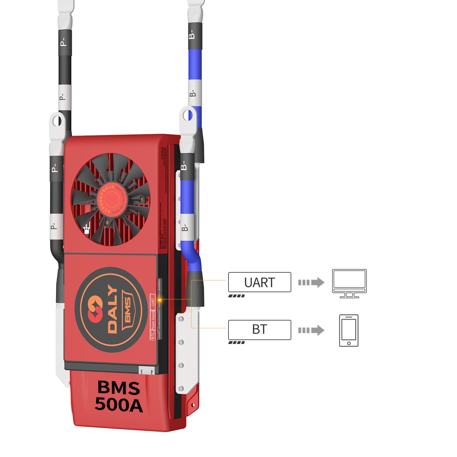 DALY Smart BMS LiFePo4 4S 12V 500A mit Lüfter, mit App zur Überwachung sichtbarer Daten, Bluetooth-Modul, UART-Kommunikation für die Verwaltung von 3,2-V-Lithiumbatterien