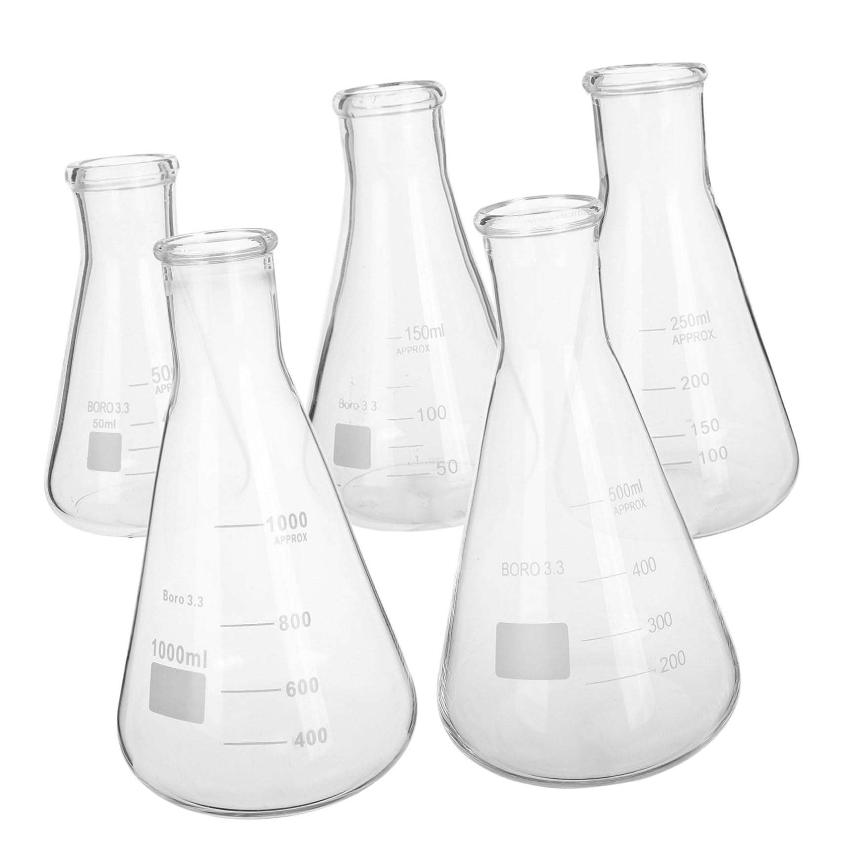 Matraces Erlenmeyer Capacidad de 50 Ml a 1 L Conjunto de 5 de Vidrio de Borosilicato Diseño Cónico Base Triangular Fácil de Llenar y Minimiza Derrames para Laboratorio