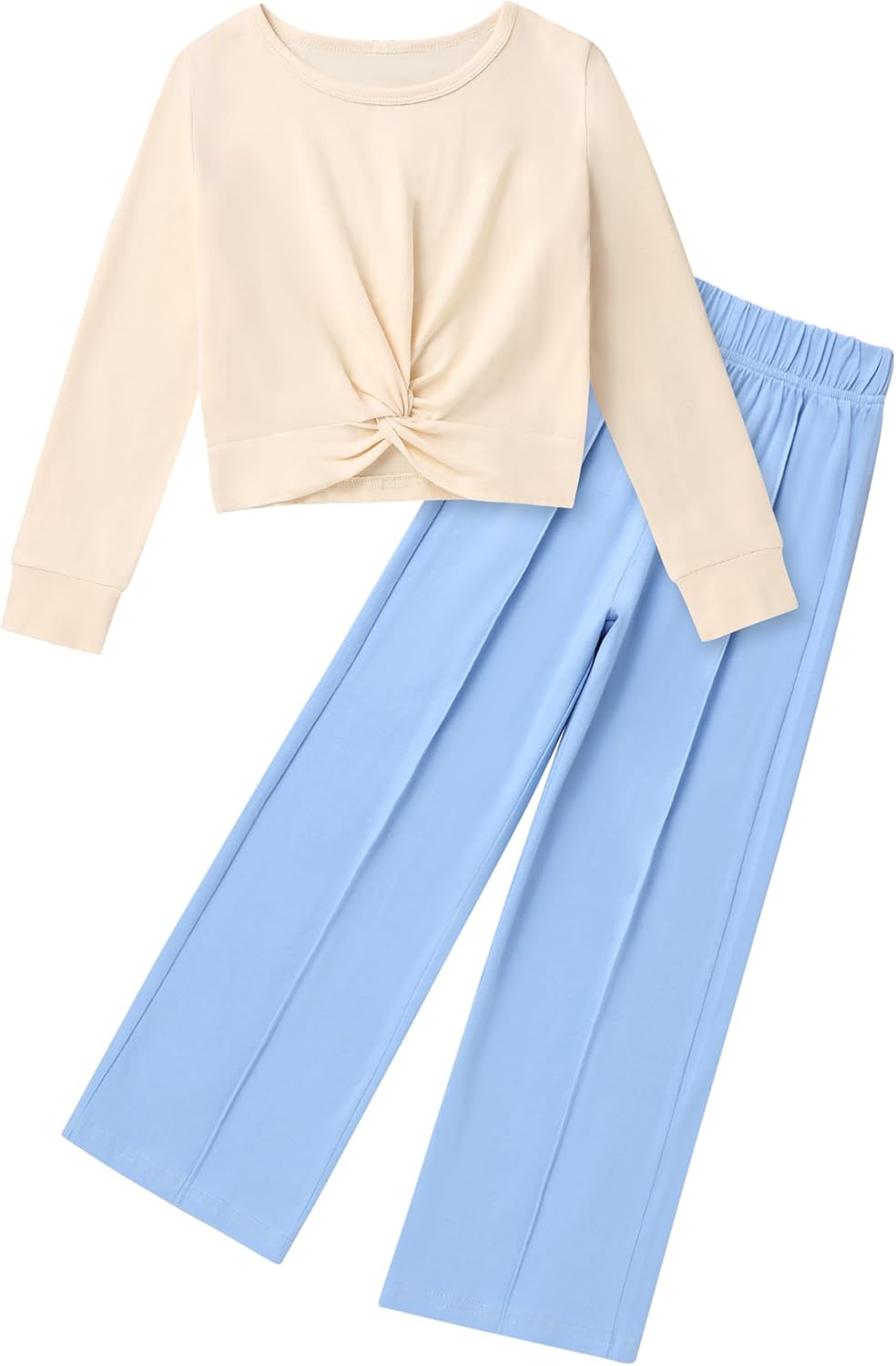 Girls Fall Outfits Fashion Solid Long Sleeve Twist Crop Tops and Wide Leg Pants Girls Clothing Set