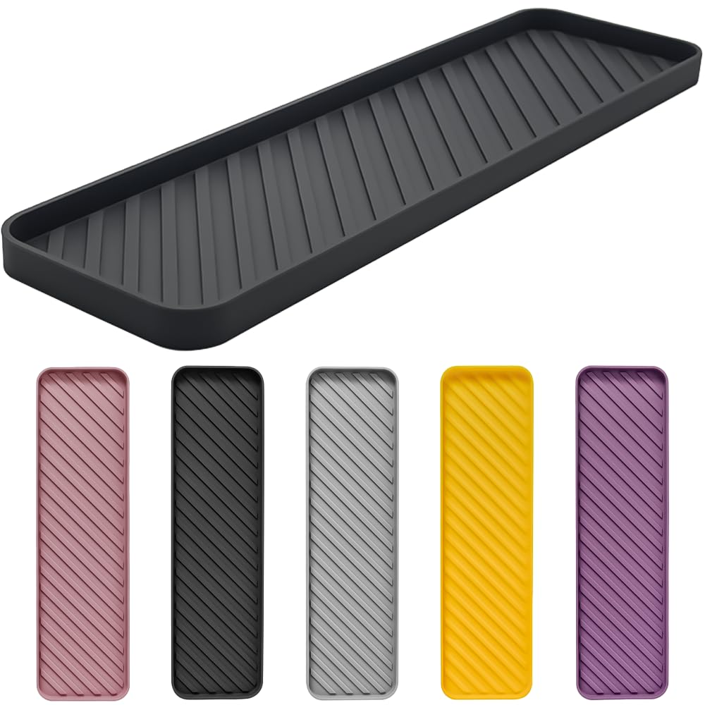 HvOvMvE Silicone Organizer Tray for Kitchen Sinks and Bathrooms. Dishwasher-Safe, Non-Slip Countertop Tray, Bathroom Drawer Organizer Trays. Perfect for Makeup & Trinkets (Black L 1PC)