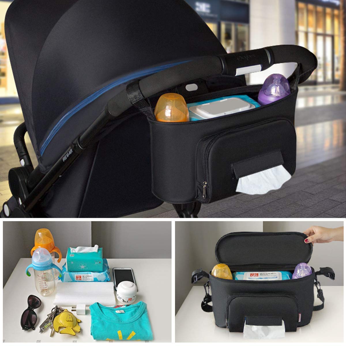 Borsa per Passeggino Universale Portaoggetti, Organizer per passeggino, Neonati Borsa Organizer, Borsa Passeggino Organizer con velcro, impermeabile, per Trasportare Biberon,Pannolini e Giocattoli