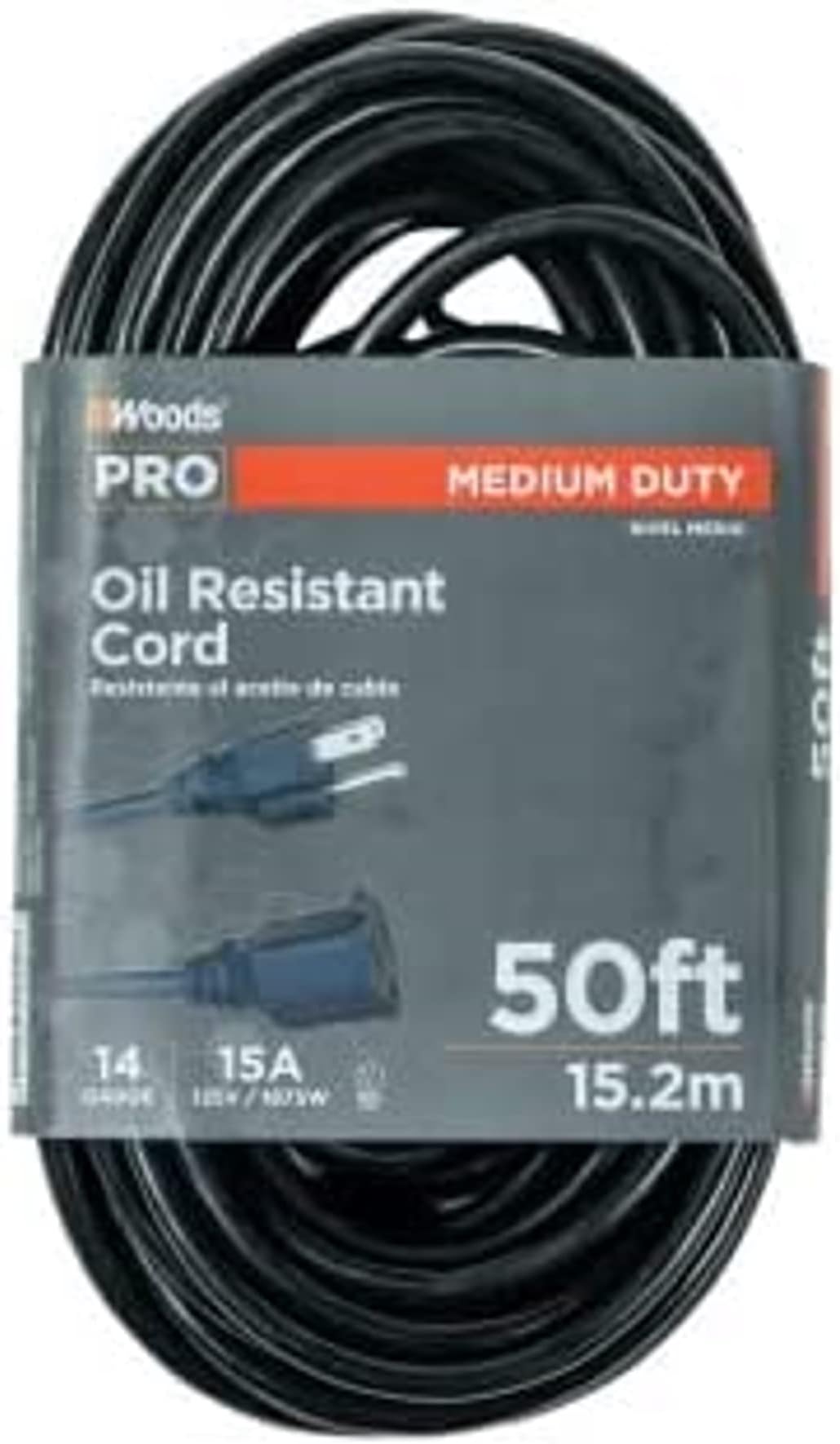 Woods PRO Medium Duty Extension Cord - 14/3 Gauge - Oil Resistant Vinyl Jacket - Versatile Use - Flexible All-Weather Cord - UL Listed - Black Cord - 50 Foot Length