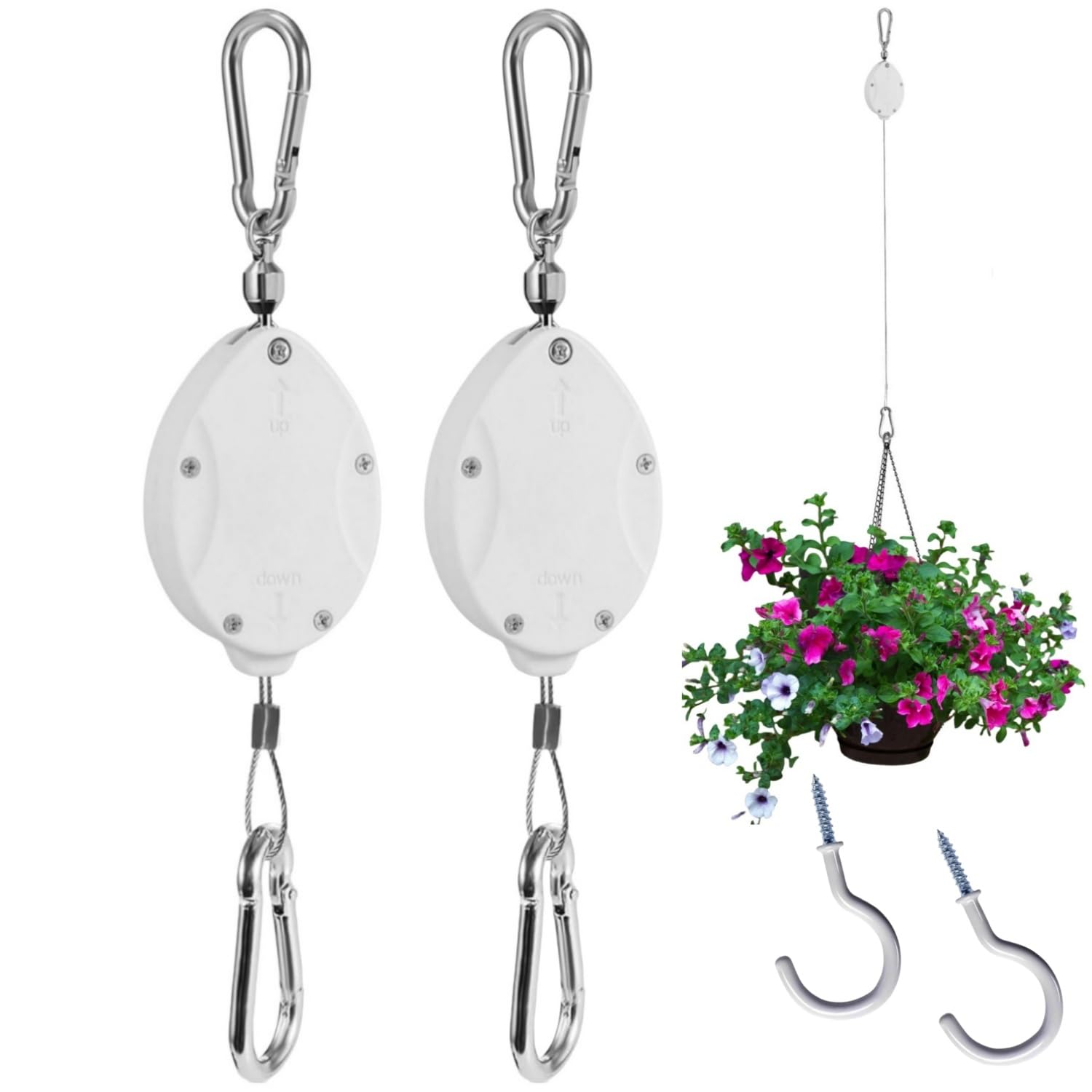WY-BSO 2024 upgrated Adjustable Heavy Duty Plant Pulleys for Garden Baskets & Bird Feeder,2 PCS Plant Pulley Hangers with 2 PCS White Metal Ceiling Plant Hooks (White-2 pcs with Swivel Connector)