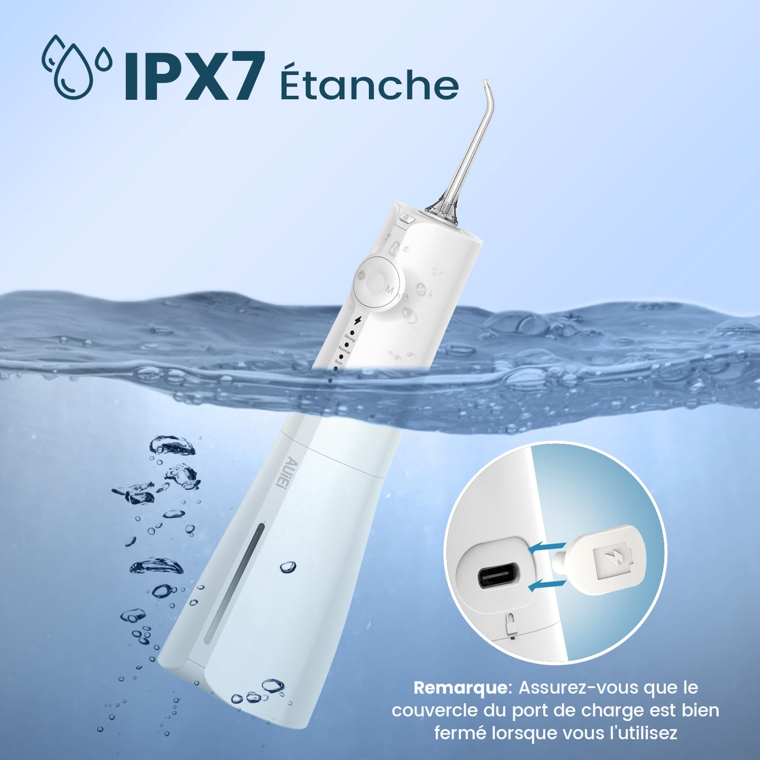 AUIEI Jet Dentaire Hydropulseur Portable Water Flosser, Irrigateur Oral 5 Modes et 8 Buses,Réservoir 300ML, USB Chargé, Étanche IPX7,Convient Gencive Sensible (Blanc)