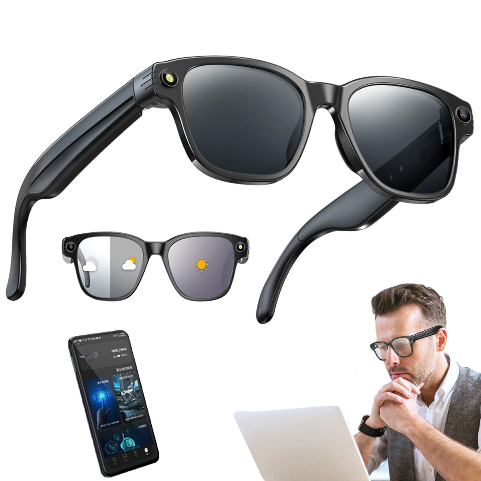 Occhiali Intelligenti Ai, Fotocamera da 800W + Registrazione Video 1200P HD, Lenti Anti-Luce Blu Che Cambiano Colore, Wi-Fi + Bluetooth 5.4, Assistente Vocale/Traduzione Multilingue A