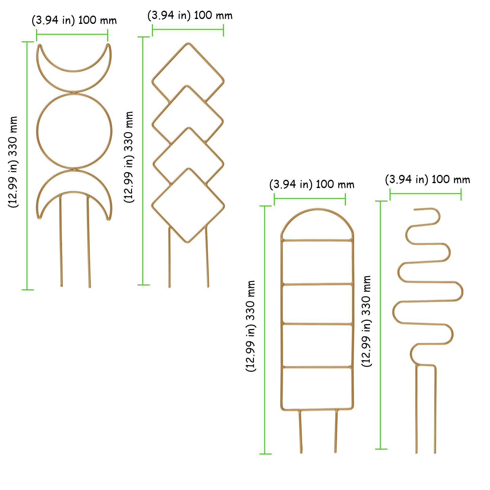 Lot de 12 treillis dorés pour plantes en pot d'intérieur, petits treillis métalliques avec 4 motifs différents, support de plantes grimpantes pour jardin, plante d'intérieur