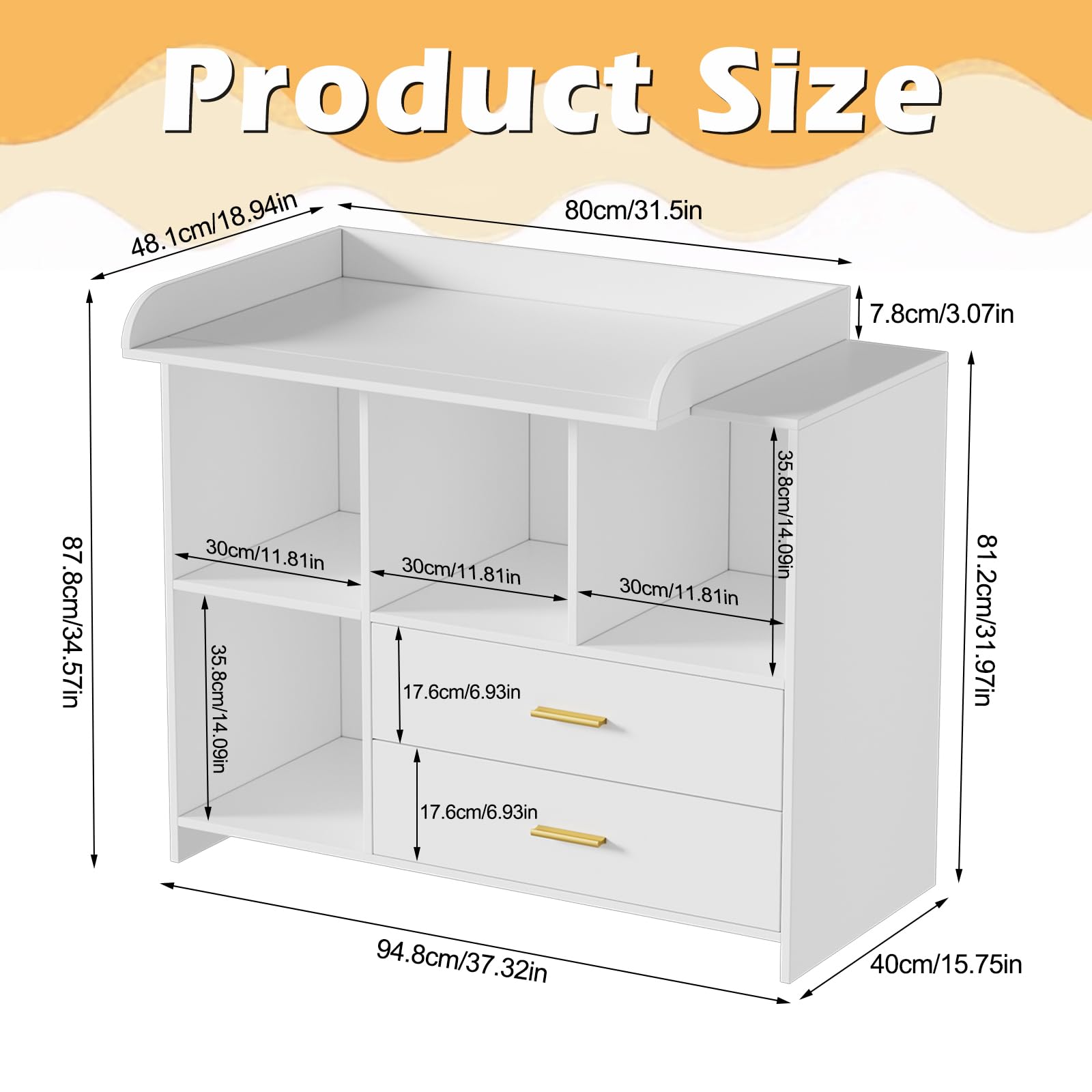 MSFE Cambiador bebe 2 en 1 Mueble Cambiador Bebe, Cómoda con Desmontable Comoda Cambiador, 2 Cajones y 3 Compartimentos, Cajonera de 94.7x40x81.2cm, Blanco