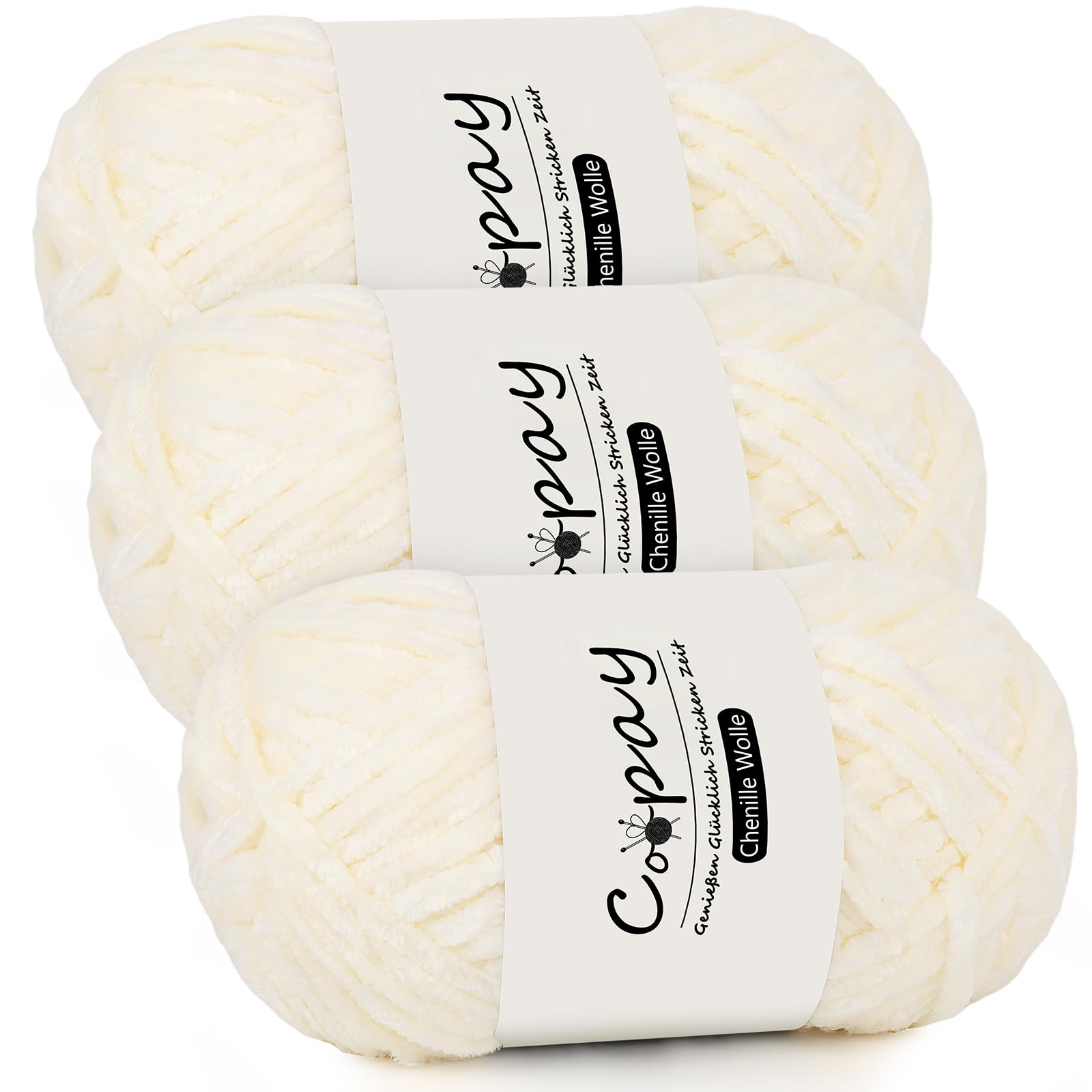 Coopay Chenille Wolle zum Häkeln, 3x100g Samtig Garn, Dicke Flauschige Weich Garn, Wolle für Decken, Schals - Cremefarben