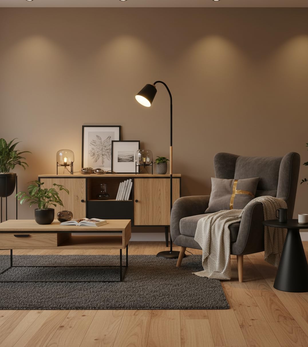 BEL AIR HOME - Lámpara de Pie SWEDEN - Metal Madera Altura 150cm Acabado Mate Brazo Orientable Portalámparas E27 Iluminación Escandinava para Salón y Lectura (NEGRO)