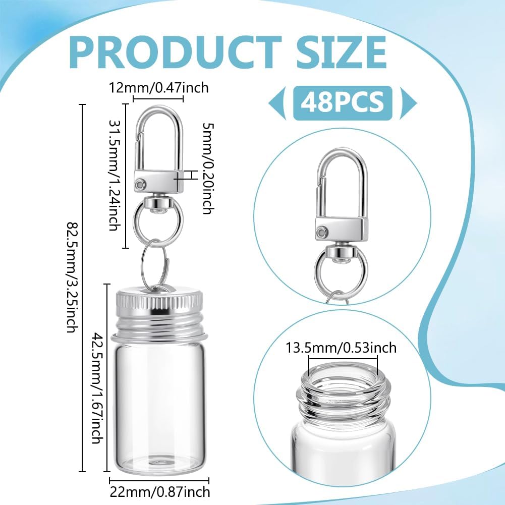 48Pcs 7ml Small Glass Bottle Keychain, Mini Wishing Jar Keychain Tiny Glass Jars Containers Mini Decorative Bottle for DIY Wedding Favors Home Party Decoration Crafts Gift