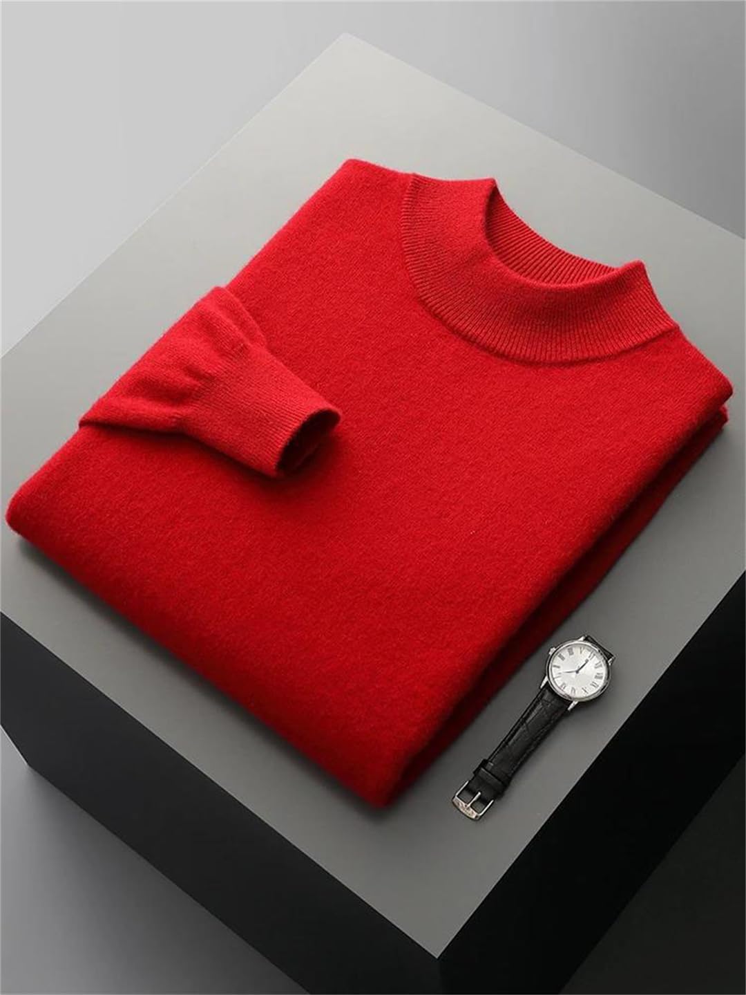Men's Mock Neck Pullover Sweater 100% Wool Basic Long Sleeve Knitwear for Office Casual Wear