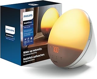 Philips SmartSleep Wake-up Light – Lampe de réveil, Simulation colorée du lever de soleil, 20 niveaux de luminosité, 6 sons naturels, Fonction d’éclairage nocturne, Modèle HF3521/01