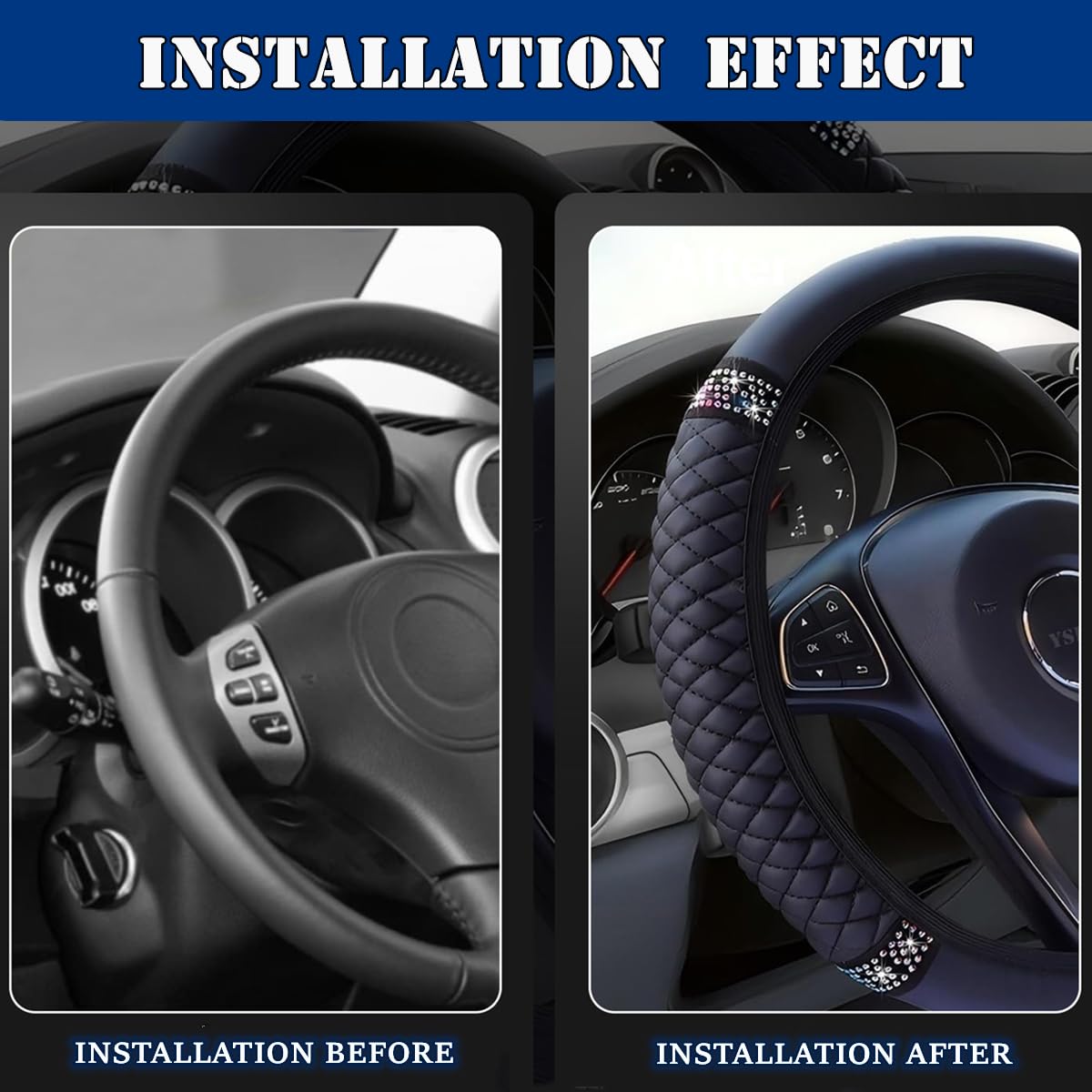 Soft Leather Car Steering Wheel Cover, Universal 15 Inch Colorful Rhinestones Anti-Slip Elastic Steering Wheel Covers for Most Cars, Sparkly Crystal Diamond for Women Girls (Black)