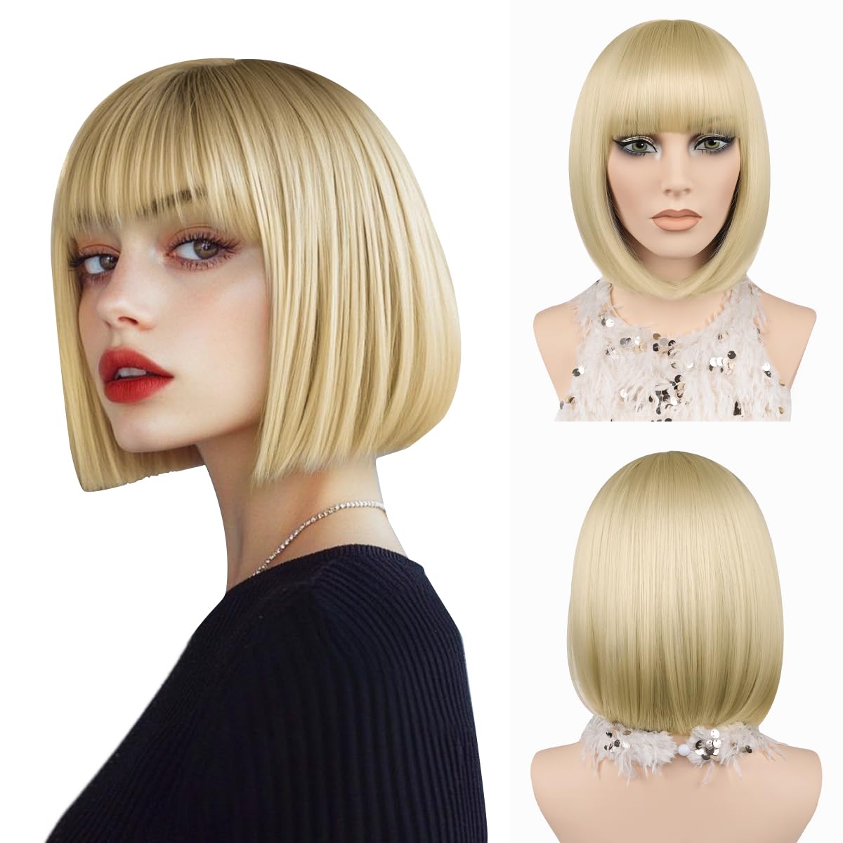JIAMEISI Blonde Bob Perücke mit Pony 30cm Kurze Bob Perücke für Frauen Synthetische Farbenfrohe Glatte Bob-Perücke Natürlich Aussehend Cosplay Partys Weihnachten Halloween Täglich (Blond)