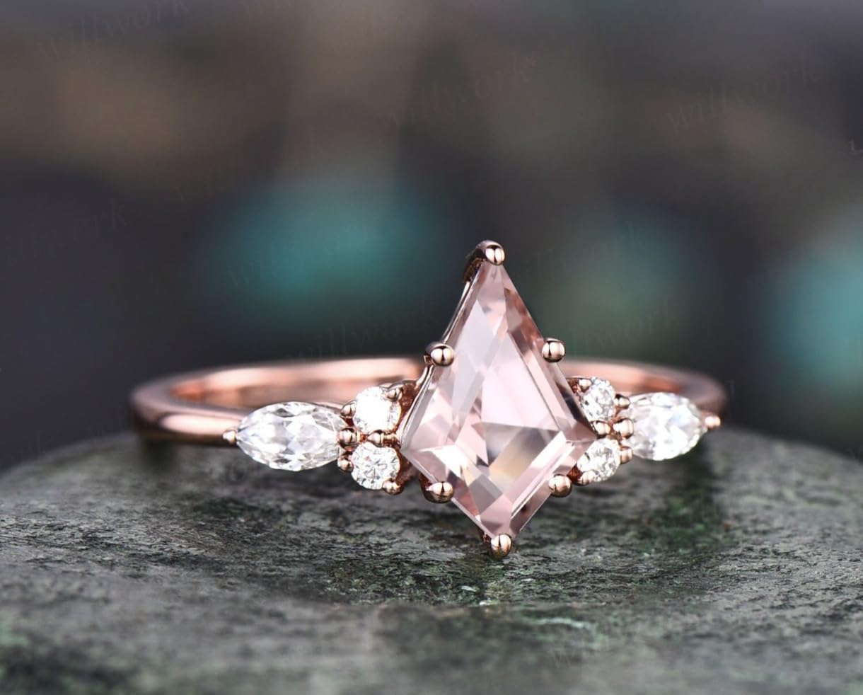 Vintage kite cut 1ct pink morganite engagement ring set 14k rose gold marquise cut gemstone ring for women unique bridal wedding ring set