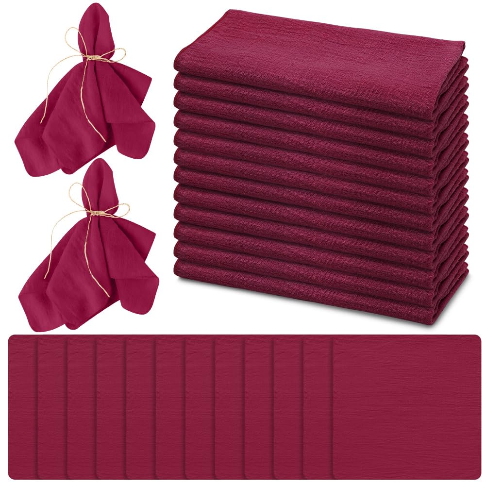 LOMUG 12 servilletas de tela, servilletas de lino, 42 x 42 cm, reutilizables, de algodón, con cuerda de 10 m, para fiestas de cumpleaños (vino tinto, cierre el borde)