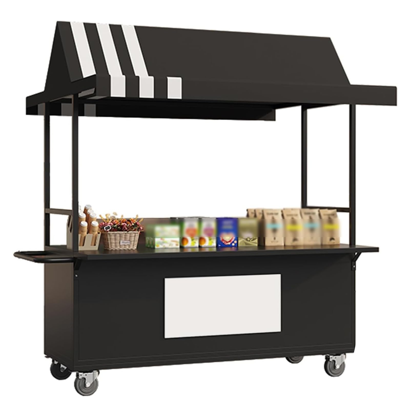 Carrito de alimentos portátil resistente con toldo, soporte rodante de 140 cm para aperitivos y bebidas de panadería, carrito de exhibición al aire libre para eventos y minoristas (negro)
