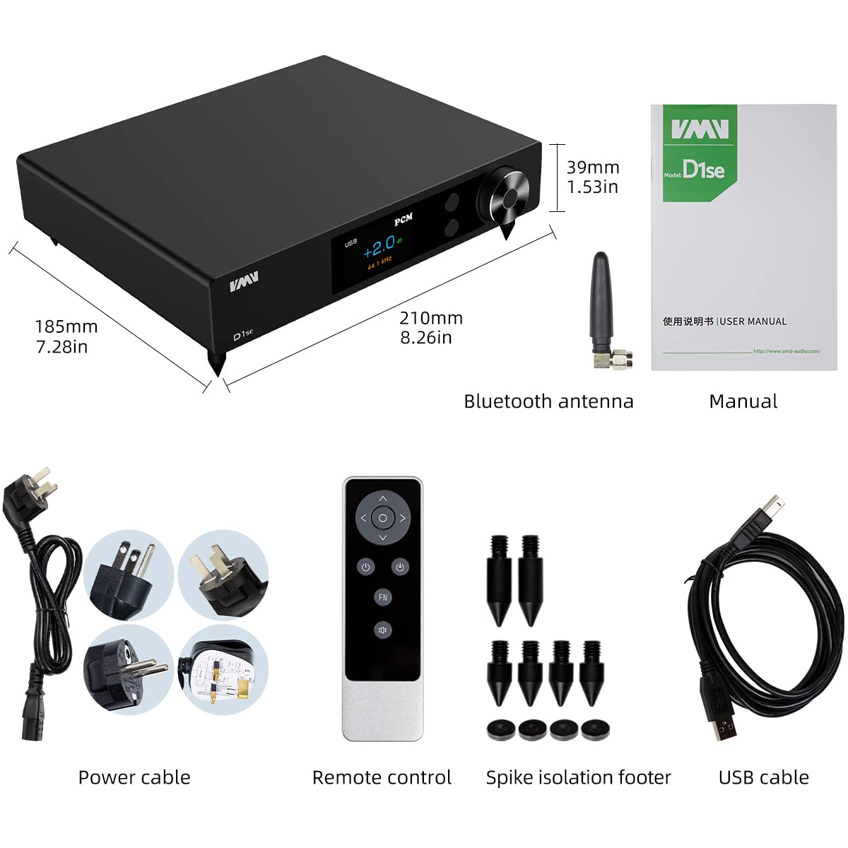 S.M.S.L VMV D1se2 Hi-Res USB DAC, Chip ES9039MSPRO MQA DSD512 PCM 32bit/768kHz THD+N 0,00005%,USB/ottica/coassiale/Bluetooth/I comandi remoti