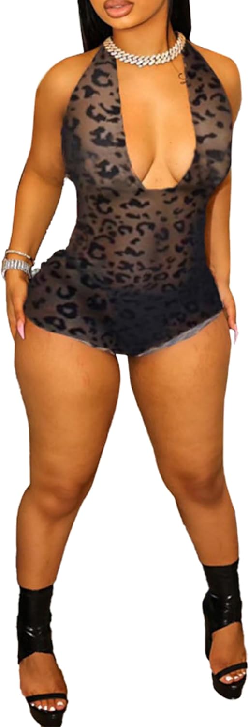Molilove Womens Cheetah Jumpsuit Mesh Sexy Halter Sleeveless Leopard Romper Y2K Bodycon One Piece Outfits Clubwear Black1 Large