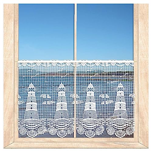atelier alles-Spitze Maritime weiße Spitzen-Gardine mit Leuchtturm, Möwen und Muscheln – Vogtländische Luftspitze für EIN maritimes Flair | Höhe x Breite 40 x 80 cm