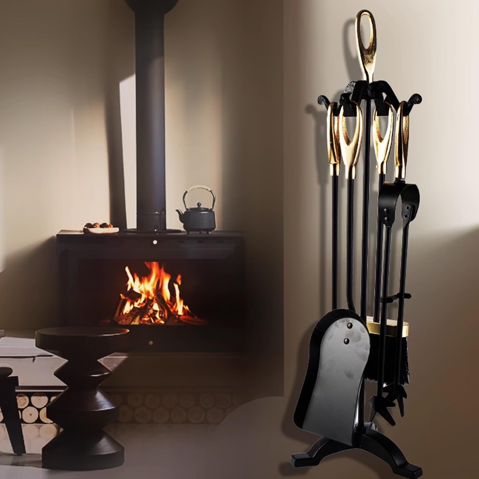 Juego de 5 herramientas para chimenea de hierro fundido, accesorios esenciales para estufas de leña y chimeneas, incluye soporte para troncos, póquer, cepillo, pala y pinza para un mantenimiento