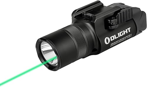 OLIGHT Baldr Pro R - Linterna táctica magnética recargable por USB de 1350 lúmenes con haz verde y LED blanco, luz de arma de montaje en riel