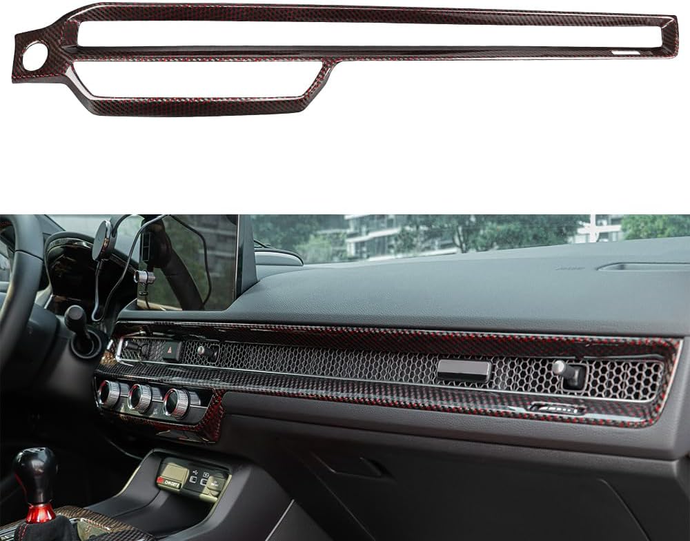 JSWAN Red Black Carbon Fiber Dashboard Cover Wrap Fit for 11th Gen Civic Type R FL5 Typer Center Console Dashboard Panel Trim Cover Dash Cover (1pcs Red Black Dash Cover)