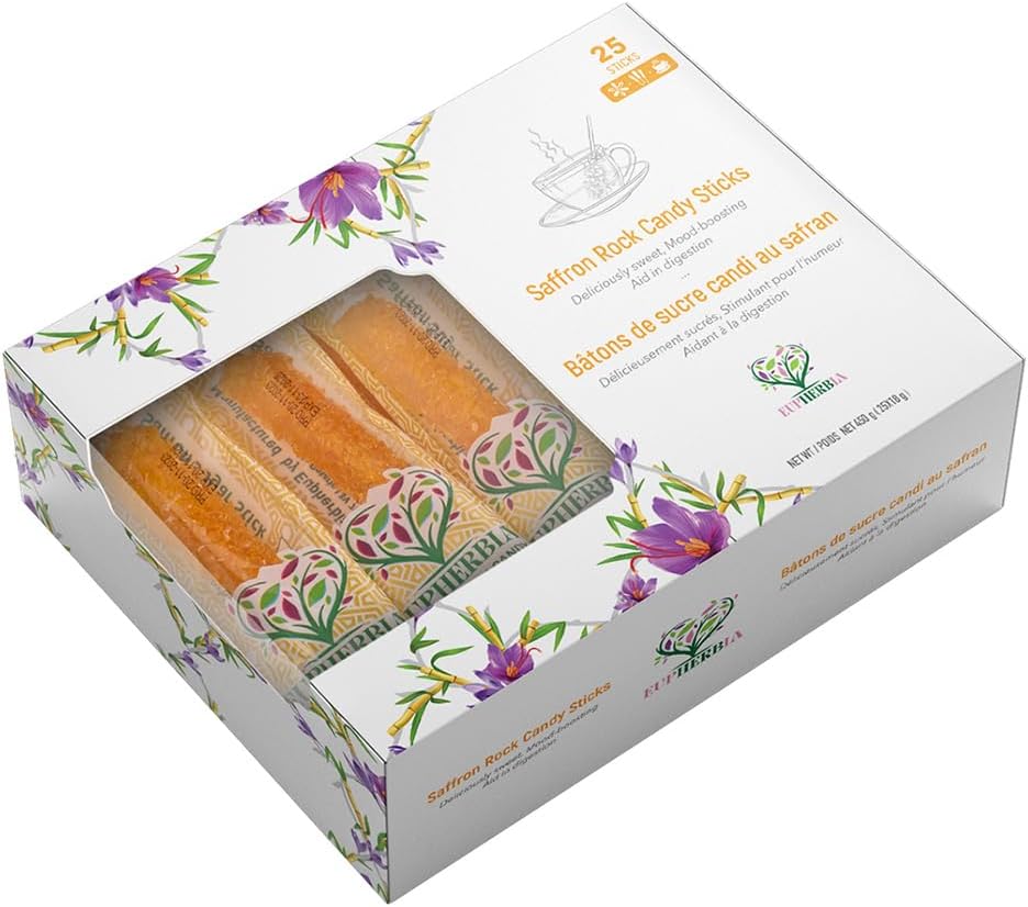 EUPHERBIA Saffron Rock Candy Sticks, 25 Pack, Pure Crystalline Elegance, Handcrafted Sweetness, Sugar Rock Candy (Nabat) Infused with Pure Grade A+ Saffron Threads, Ideal for Tea, Coffee, Milk, and