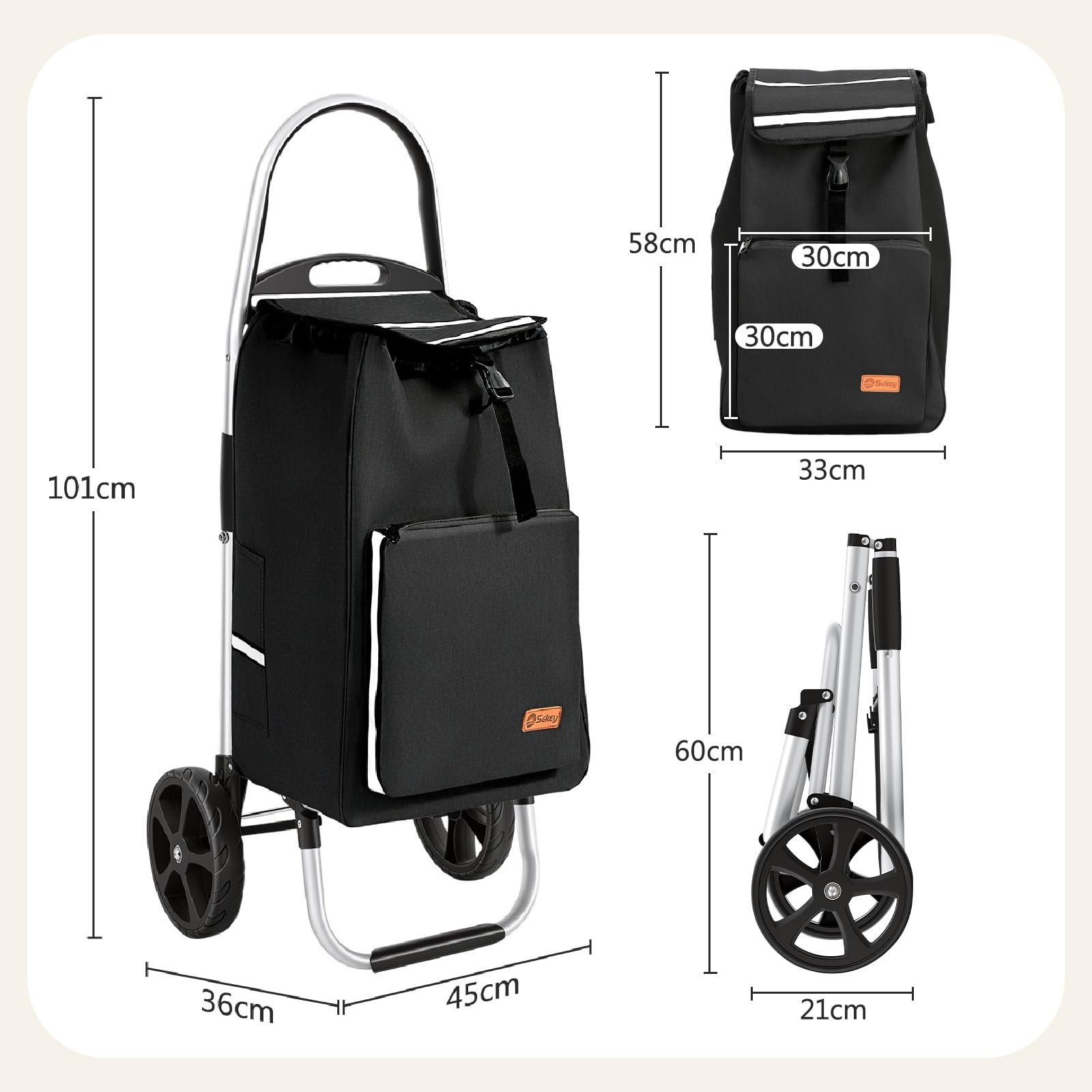 Sekey Einkaufstrolley klappbar, 50L Einkaufstasche mit Kühlfach, Aluminiumrahmen, Faltbarer Einkaufswagen, Shopping Trolley für Einkauf und Alltag, Schwarz