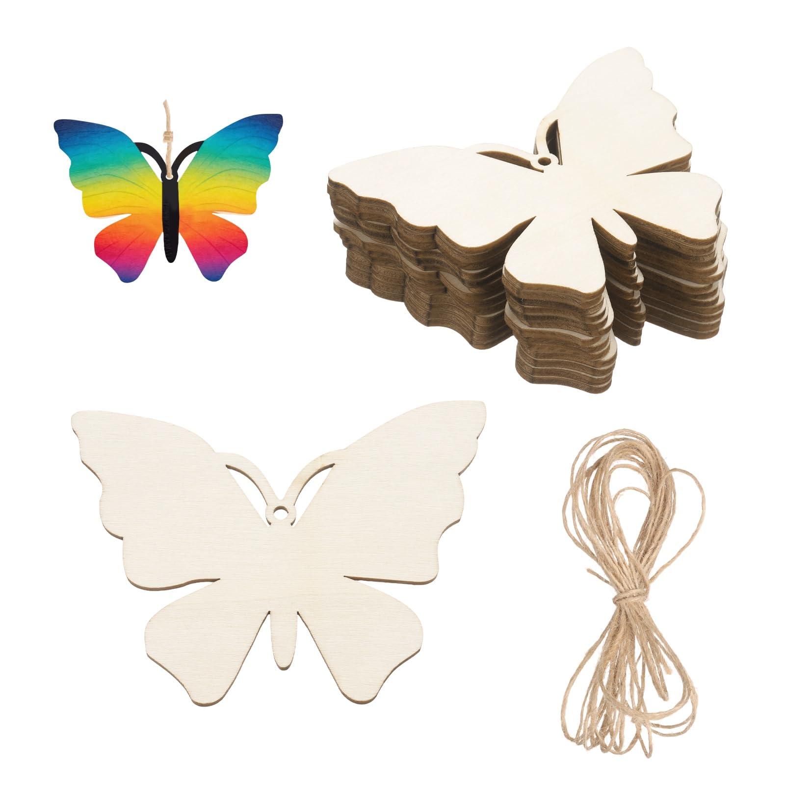 sourcing map 24Pcs Wooden Butterfly Ornaments to Paint, 3" x 3.5" DIY Blank Unfinished Wood Homemade Ornament with Rope for Art Crafts DIY Thanksgiving Halloween Birthday Gifts — image 1