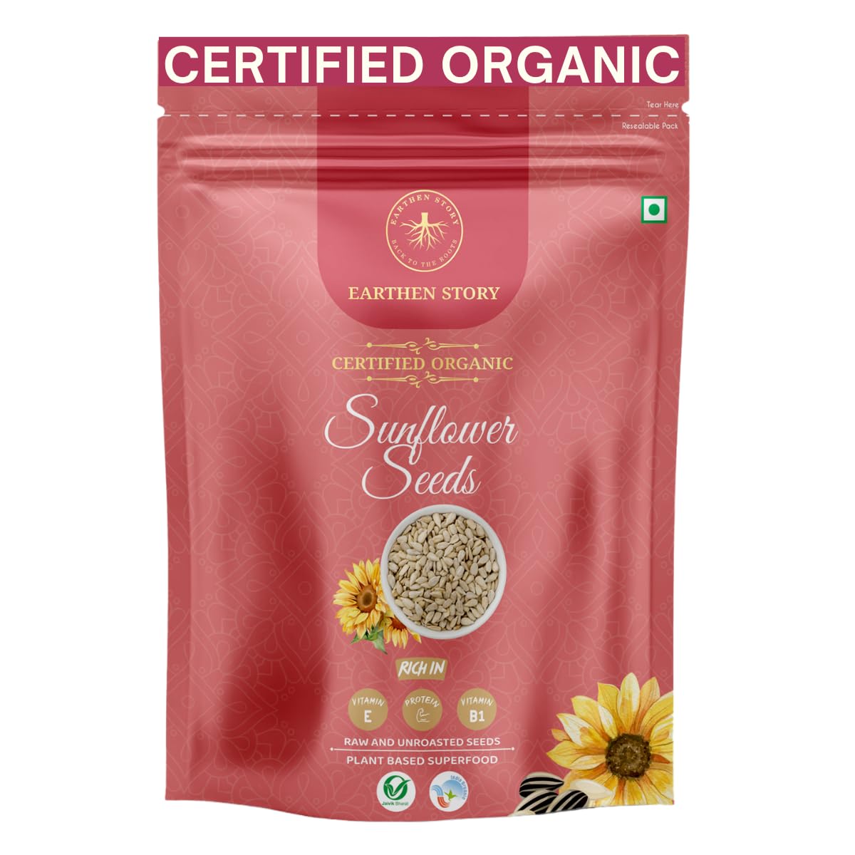 Earthen Story Sunflower Seeds 250g – Certified Organic, Raw & Natural Seeds | High Protein, Fiber-Rich, Gluten-Free & Non-GMO | Rich in Vitamin E, Iron & Magnesium, Healthy Snack