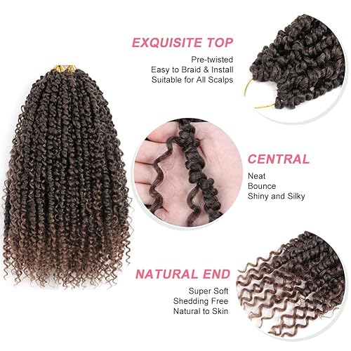 Miniatura 5 de JVILO Cabello Passion Twist de 14 pulgadas, 8 paquetes de cabello de ganchillo para mujer, cabello corto pretrenzado y pretrenzado marrón ombré,