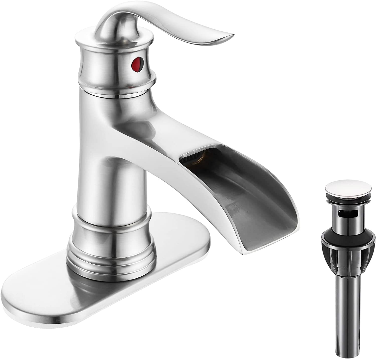 Nfusrxmbk Standard - Brushed Nickel - Single Waterfall Faucet Bathroom Faucet Single Handle One Hole Brushed Nickel Finish Large Spout Lavatory Faucets (Brushed Nickel)