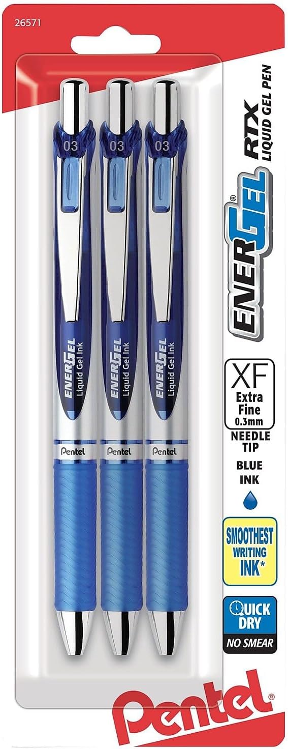 Pentel EnerGel RTX Retractable Liquid Gel Pen, (0.3mm), Needle Tip, Extra Fine Line, Blue Ink, Pack of 3 (BLN73BP3C)