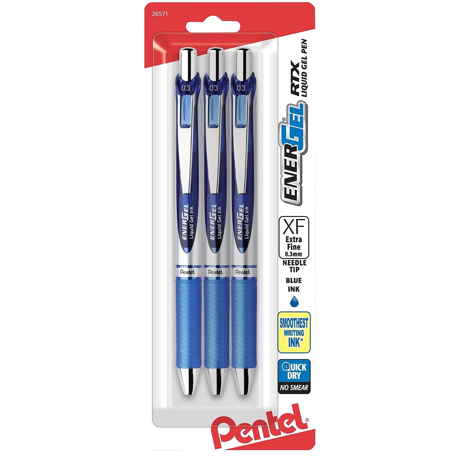 Pentel EnerGel RTX Retractable Liquid Gel Pen, (0.3mm), Needle Tip, Extra Fine Line, Blue Ink, Pack of 3 (BLN73BP3C)