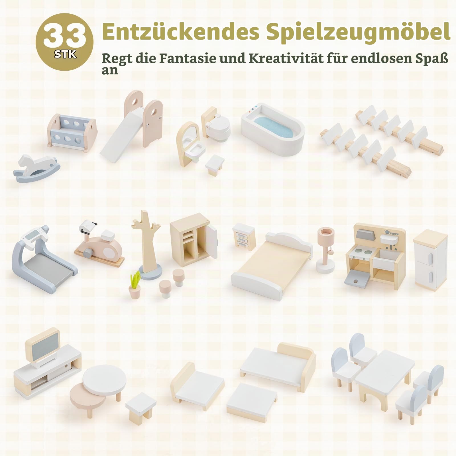 FANTASK Puppenhaus Holz, Puppen-Villa mit 33 Möbelstücken, Balkon & Pool, Puppenvilla Traumvilla, Kinder Dollhouse, Spielzeuggeschenk für Mädchen & Jungen ab 2 Jahren