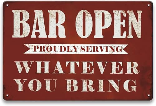 Miniatura 1 de YOYI ART Letreros de barra de metal vintage para el hogar  Bar Open Whatever You Bring, carteles retro de cerveza de estaño para cueva de hombre,