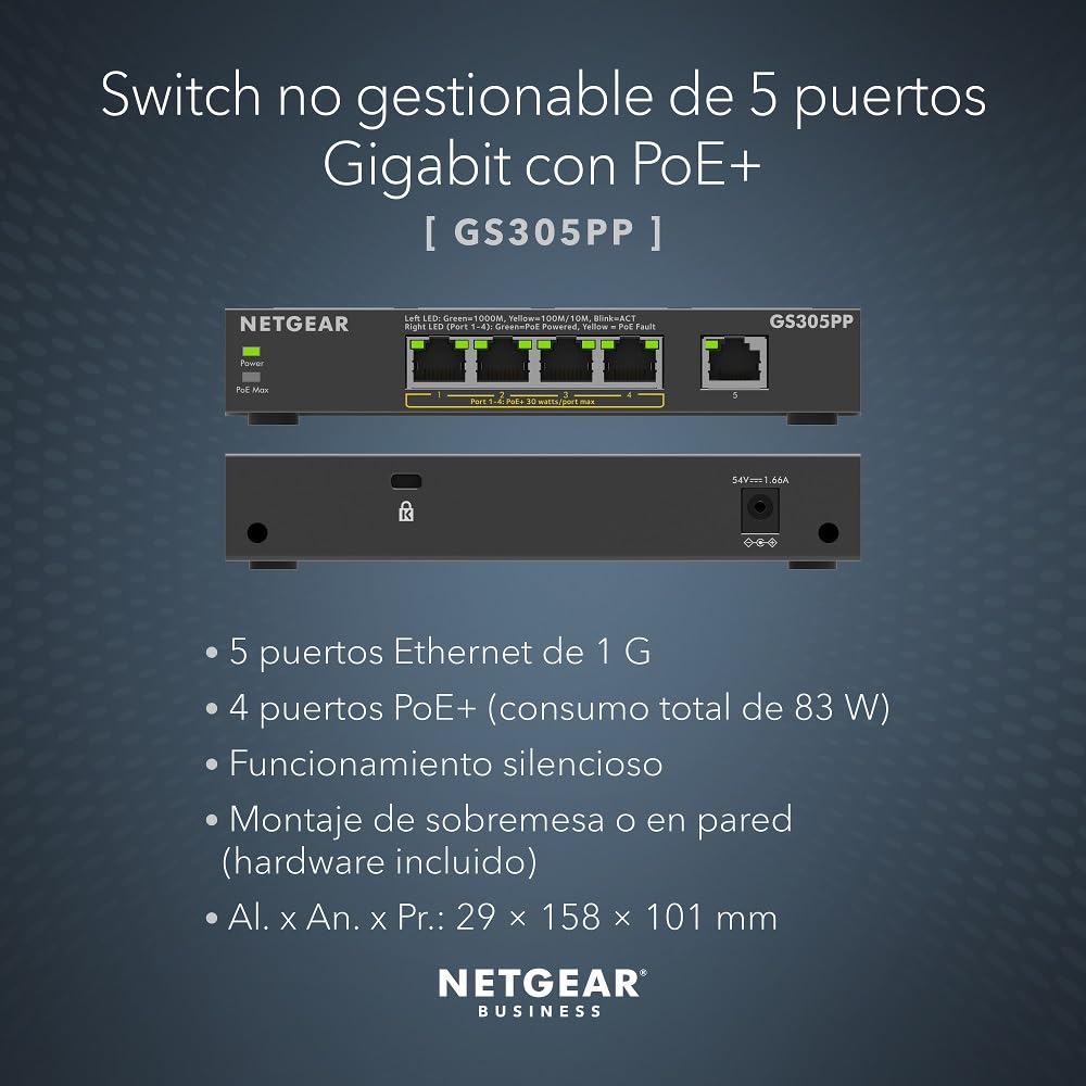 NETGEAR Switch Ethernet no gestionable de 5 Puertos Gigabit Ethernet PoE de (GS305PP) con 4 Puertos PoE+ de 83 W, Montaje de sobremesa o en Pared