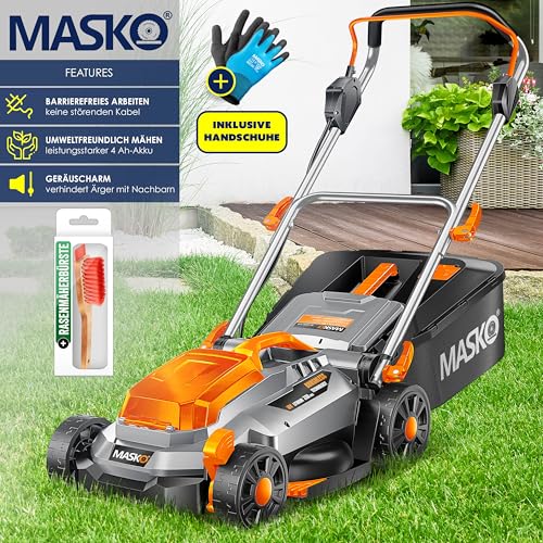 MASKO® Akku Rasenmäher mit Mulchfunktion, Akku Li-Ion Batterie 4Ah & Ladegerät Rasentrimmer 33cm Schnitt-Breite 5X Höhenverstellbar 30L Fangkorb Flächen bis 150m² inkl. Handschuhe & Bürste 3