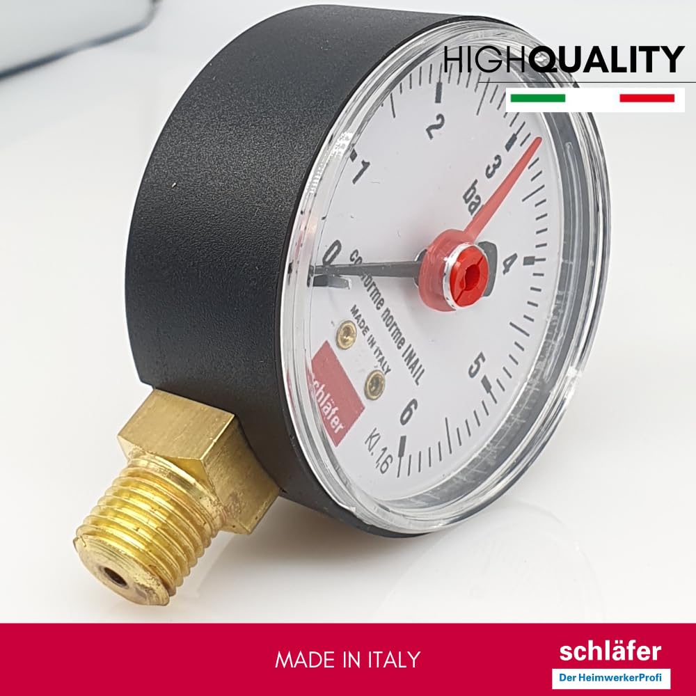 Schläfer 0930164 | Manomètre hydraulique vertical avec raccord radial 1/4" BSP, échelle 0-6 bar, diamètre de 63 mm, idéal pour les systèmes thermiques d'air et d'eau, indicateur de pression