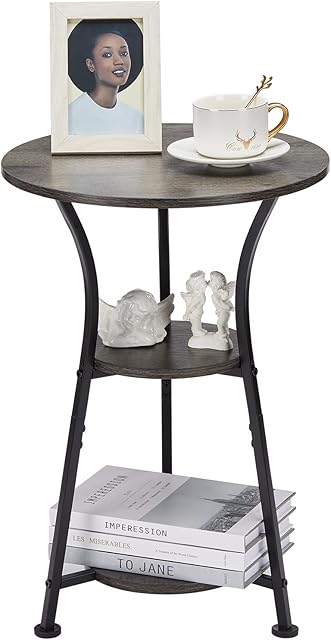 Neekor Small Round Table,3 Tier Small Round Side Table with Wooden Shelves, Rustic Retro Table Corner Sofa Table for Living Room Bedroom (Grey)