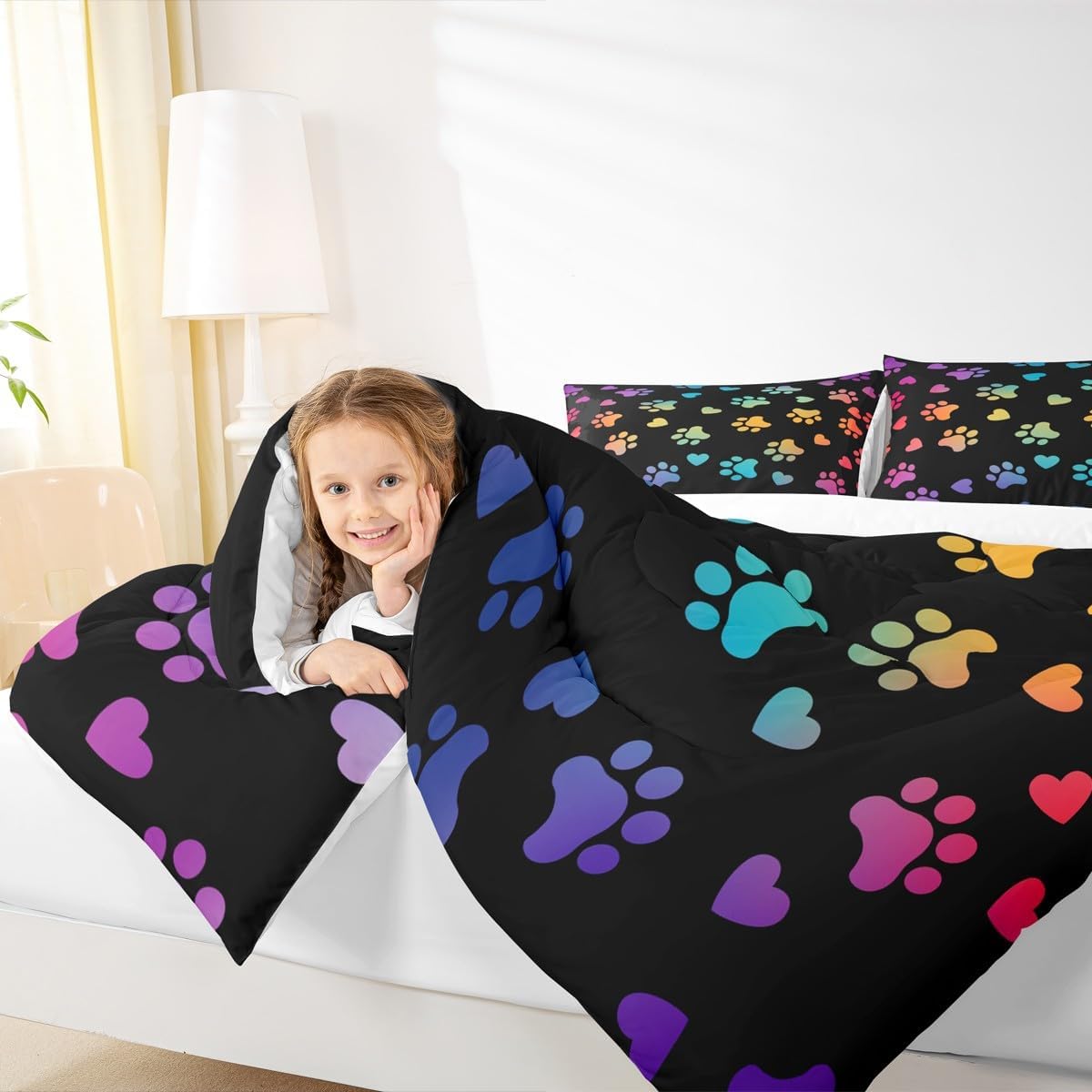 Manfei Dog Paw Print Kids Comforter Set Full Size,Animal Pet Neon Bedding Set,Girls Boys Adults Home Bedroom Decor,Puppy Kawaii Cartoon Down Comforter,Colorful Rainbow Duvet Insert,3pcs,2 Pillowcases