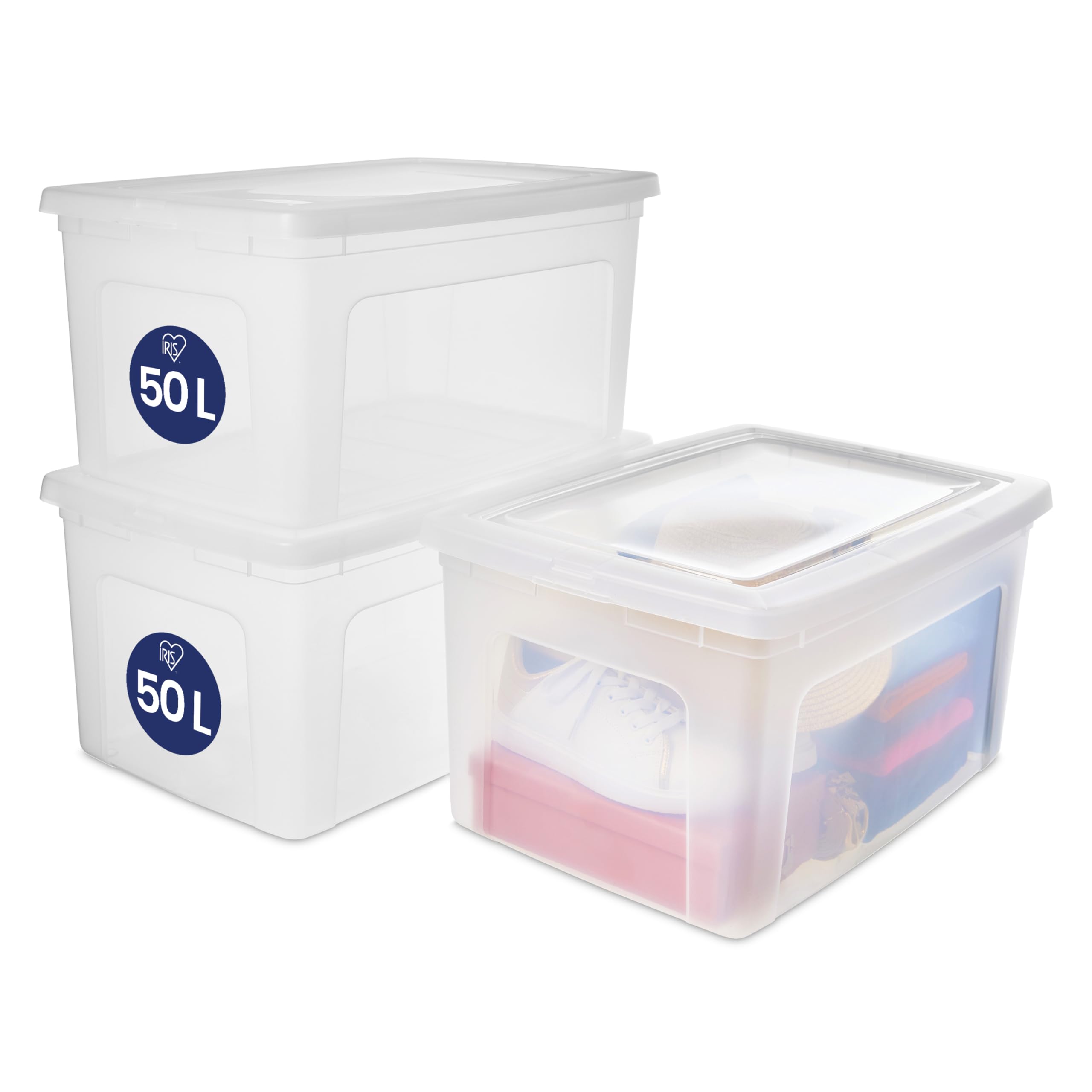 Iris Ohyama, Caja de almacenamiento multiusos de 50 l, paquete de 3, cierre fácil, apilable, de plástico transparente, para ropa, estantes, escuela, organización, juguetes, papelería