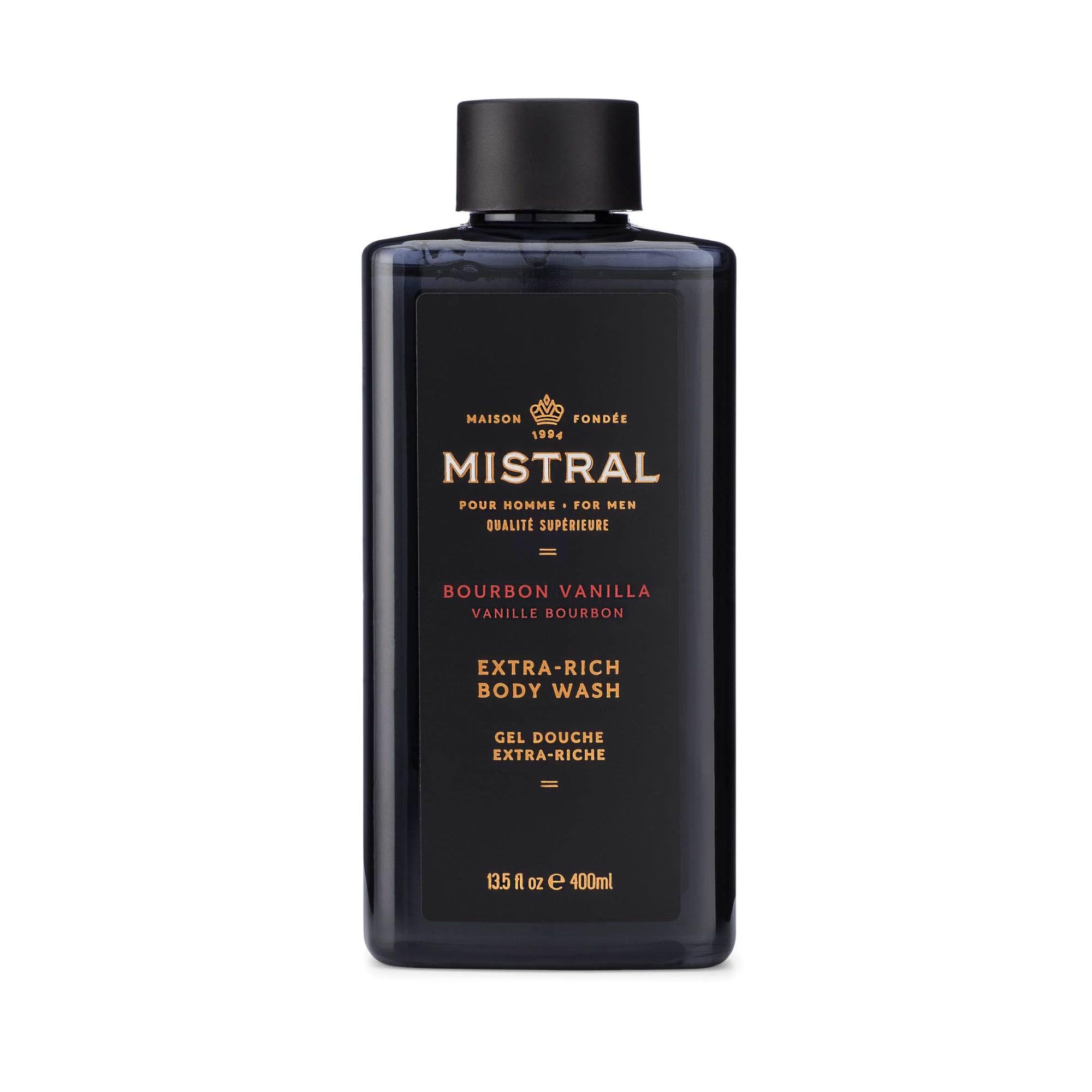 Mistral Bourbon Vanilla Men's Body Wash & Shampoo for Men, 13.5 oz | 2-in-1 Natural Shower Gel, SLS, Paraben & Phthalate Free, Natural Men's Body Wash