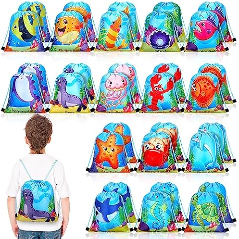 Talltalk 32 Pack Ocean Party Supplies Drawstring Bags Cartoon Sea Animal Birthday Goodie Bags Drawstring Bags Goodie Treat Bags for Kids Gift Bags Party Favors Bags Birthday Supplies Decorations Cover