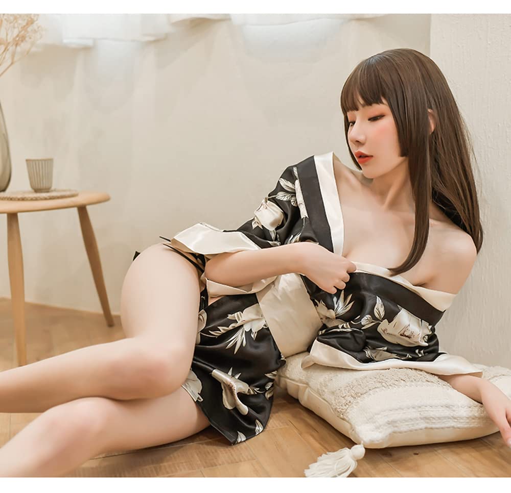SINROYEE Damski szlafrok kimono seksowna bielizna zestaw azjatycki styl odzież domowa piżama satynowa koszula nocna szlafrok anime cosplay, Czarny, rozmiar uniwersalny
