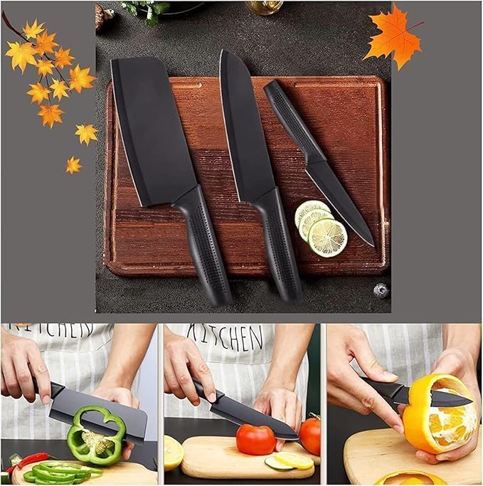 Image of 3-Piece Knife with Cover | High Carbon Stainless Steel Professional Chef Utility Santoku Knifes for Kitchen Restaurant | Ultra Sharp Chopping Slicing Cutting Knives | Ergonomic Non-Slip Handle