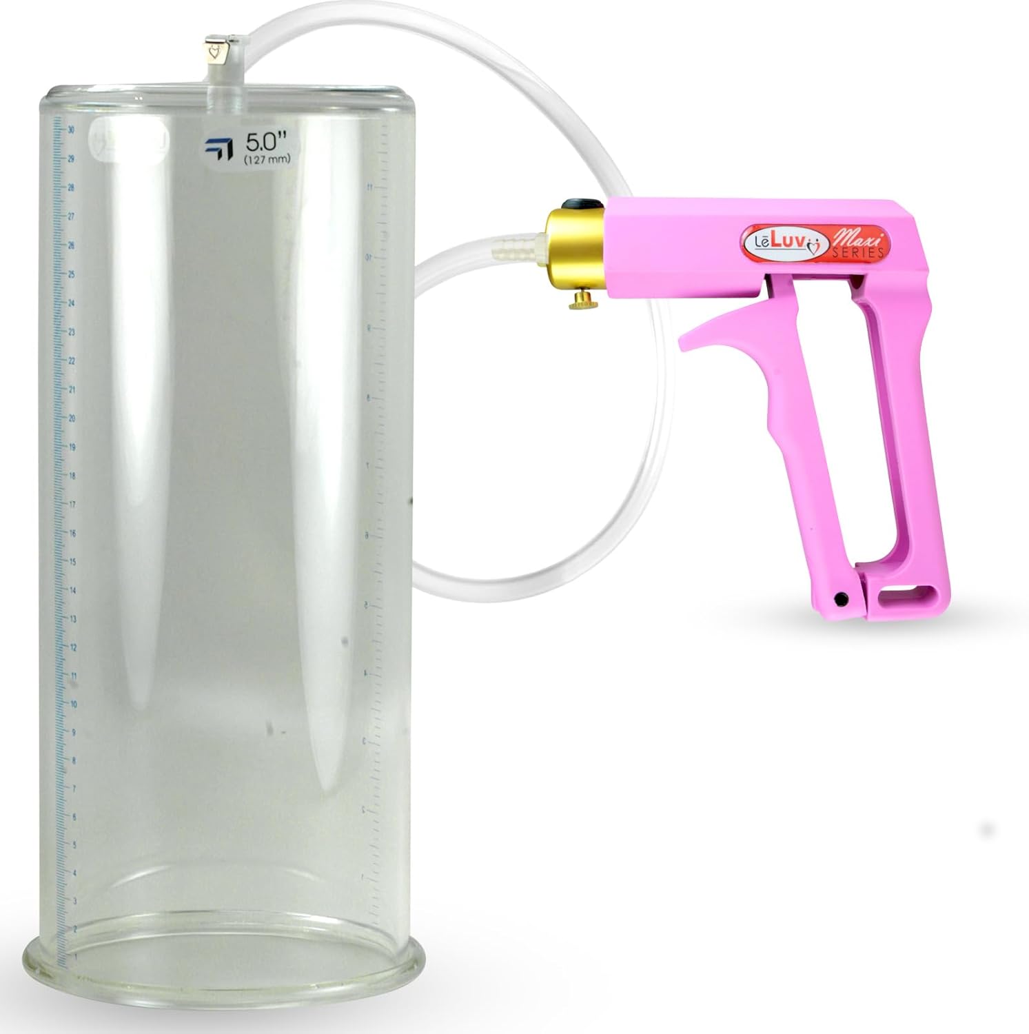 LeLuv Penis Pump Maxi Pink Nylon Handle with Clear Hose - 12 Inch Length x 5.00 inch Diameter Cylinder