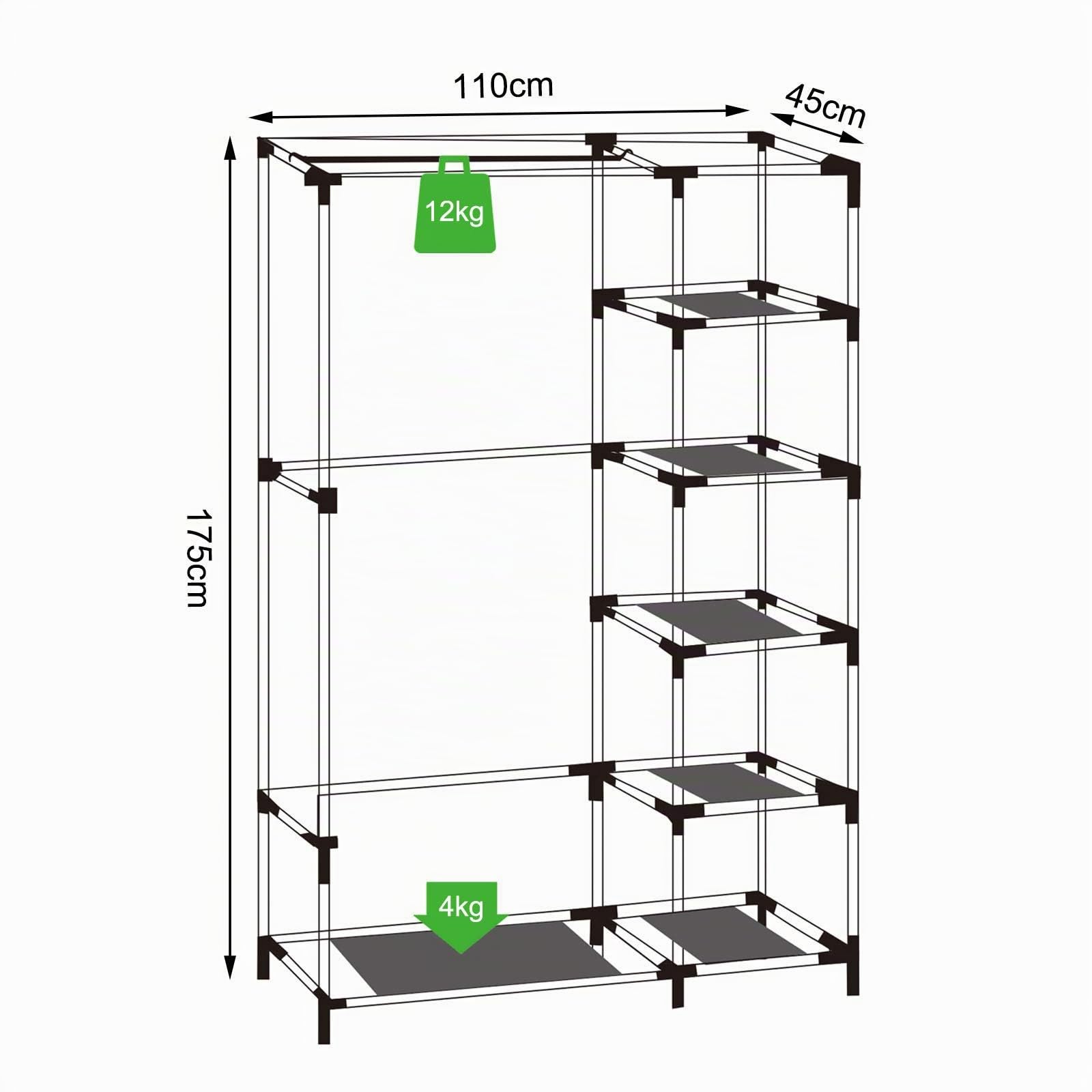 dibea Armoire en Tissu Pliable, 110x45x175 cm, penderie Textile Peu encombrante avec étagères, Respirante et Stable, Tige à vêtements, revêtement PP Facile à Nettoyer, Noir