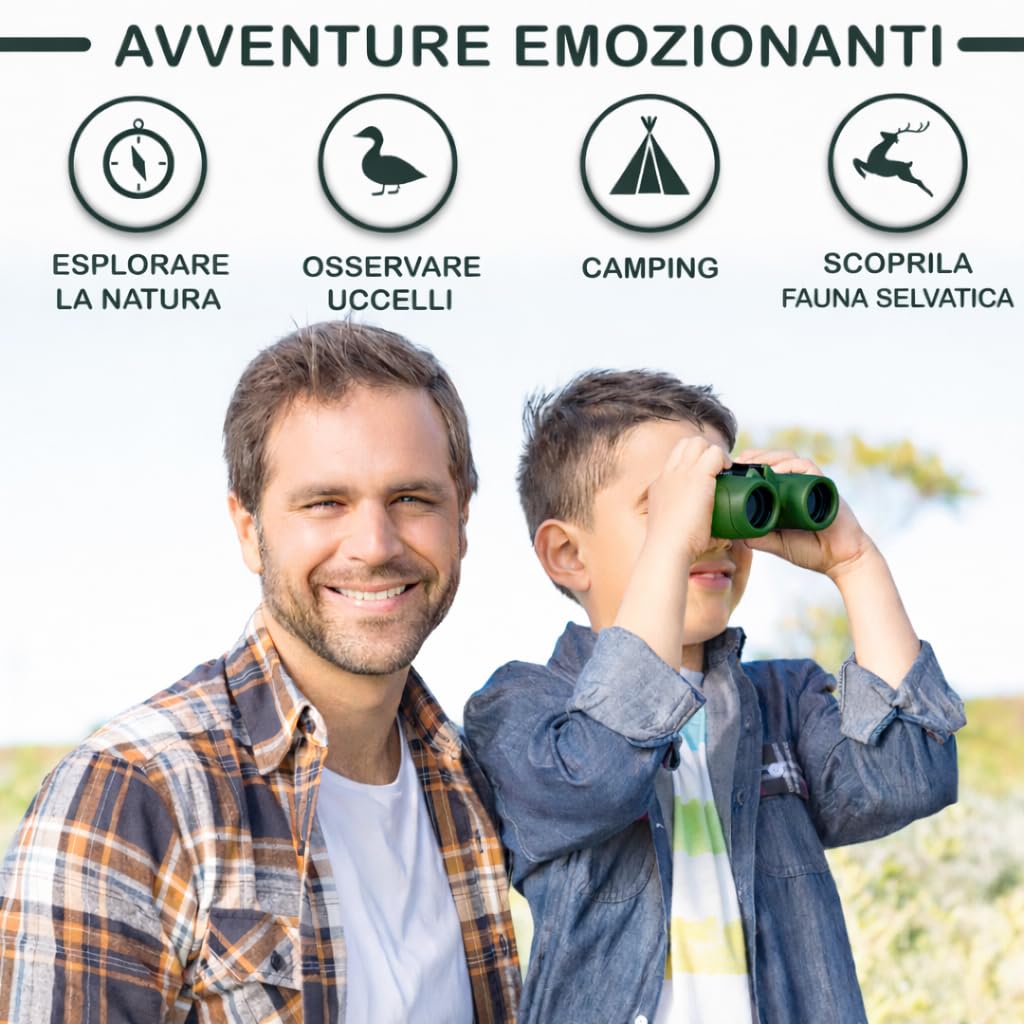 Binocolo Bambini - Regalo ottimale per bambino e bambina - Forte ingrandimento 8X21 - Set Esploratore Completo con Lente d'Ingrandimento e Bussola - Giochi per bambino e bambina di 3-12 anni